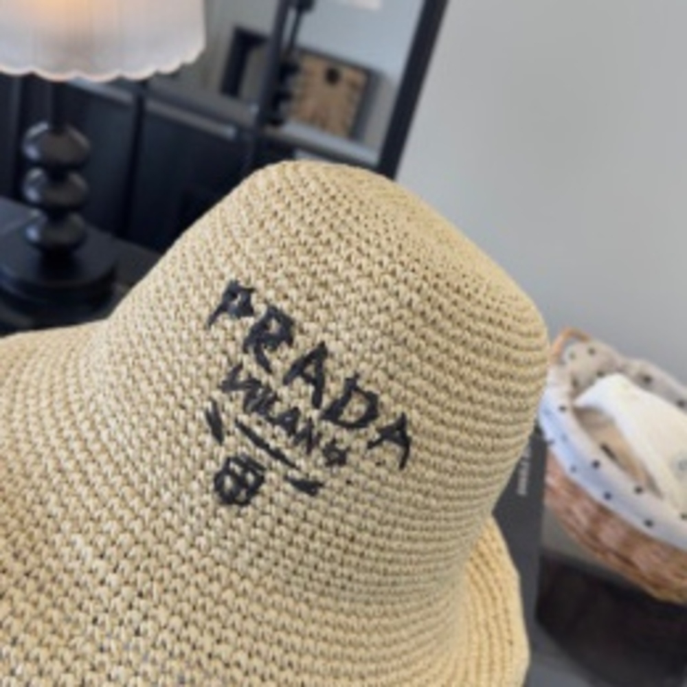 ✨Prada Logo Embroidered Crochet Straw Wide Brim Bucket Sun Hat - Picture 3 of 5